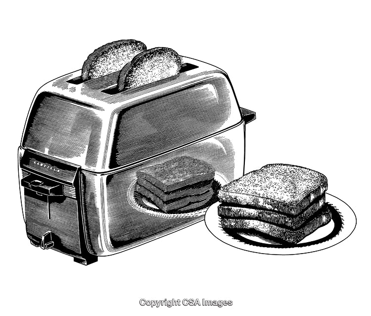 Black and White Engraving of Toast and Toaster with Sliced Bread