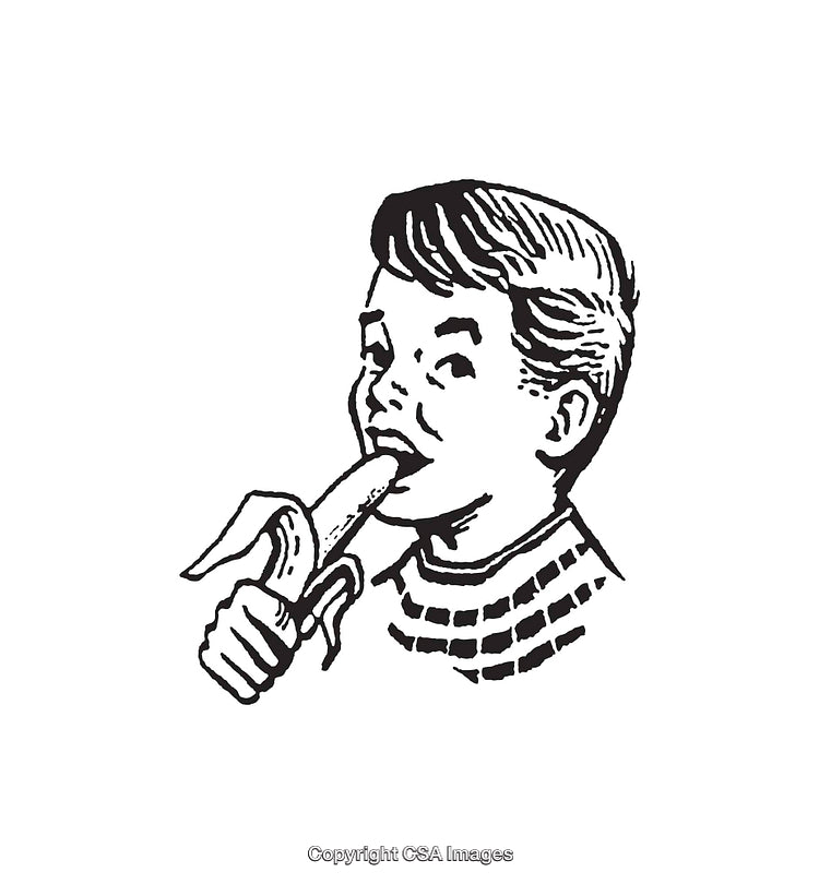 Black and White Illustration of a Boy Eating a Banana