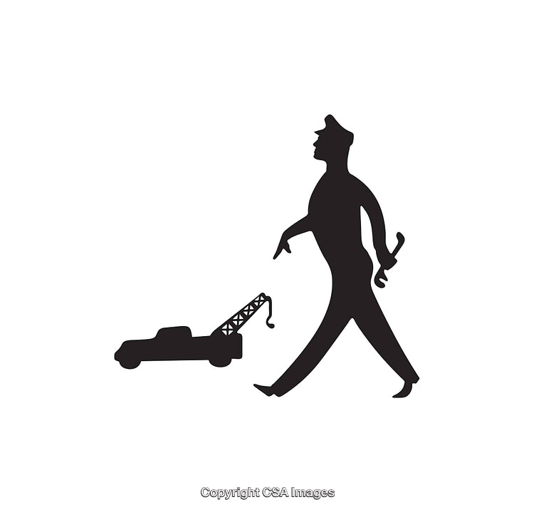 Black and White Icon of Worker Pulling Tow Truck with Tools