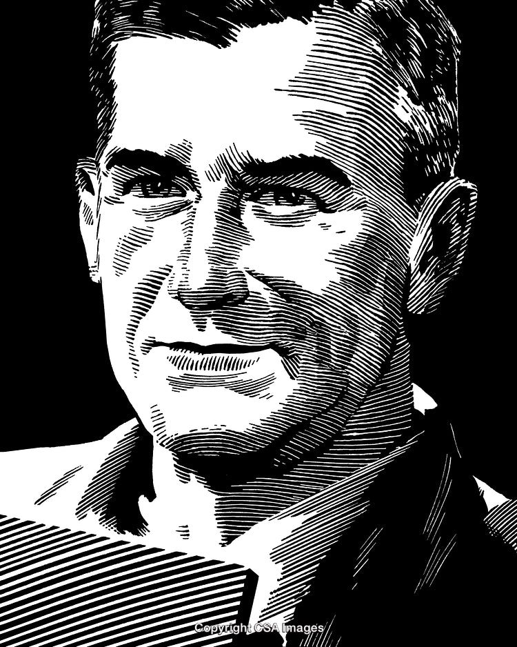 Black and White Engraving of Thoughtful Individual with Detailed Line Work