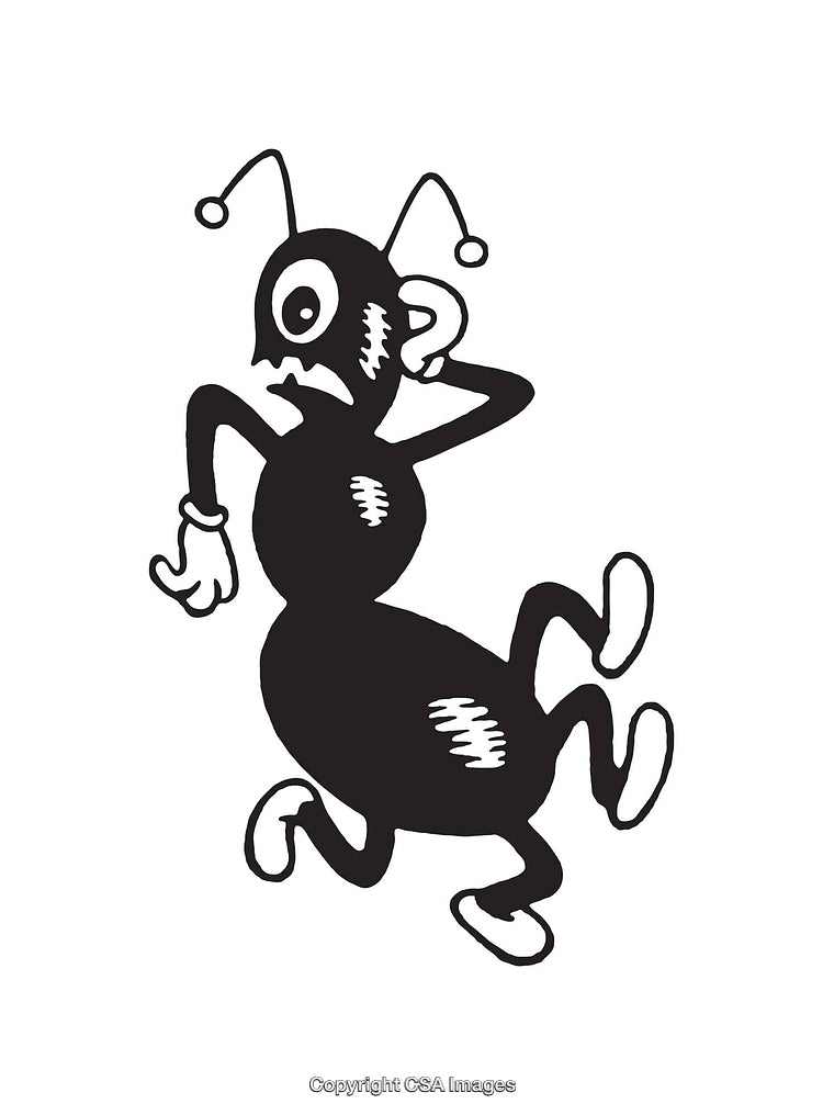 Playful Cartoon Ant Character Illustration in Black and White Line Art Style
