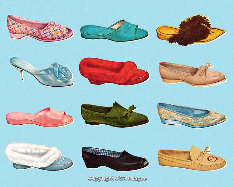 Stylized Composition Featuring Vintage Women's Shoes on a Vibrant Blue Background