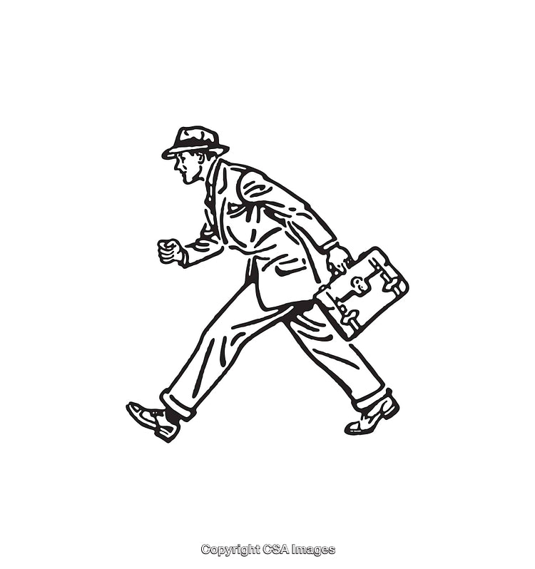Vintage Line Art of a Businessman Hurrying with a Briefcase