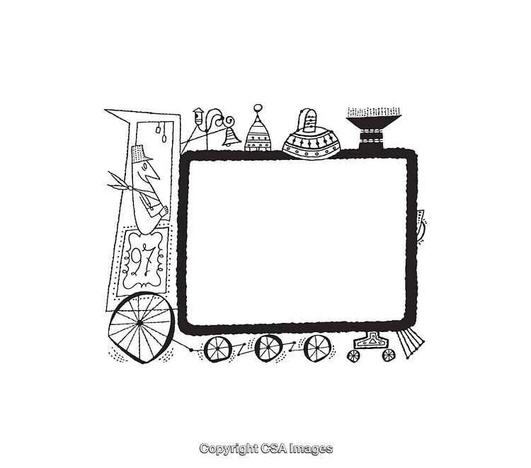 Whimsical Black And White Line Art Train Illustration With Decorative Details