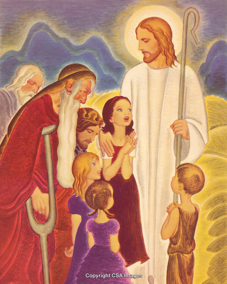 Jesus with Children and Followers in Spiritual and Serene Pastoral Setting