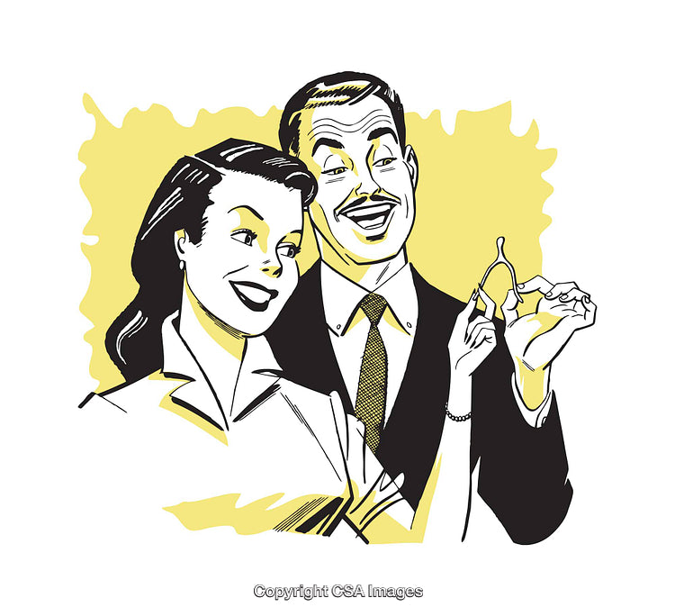Vintage Illustration of a Smiling Couple Holding a Wishbone Together