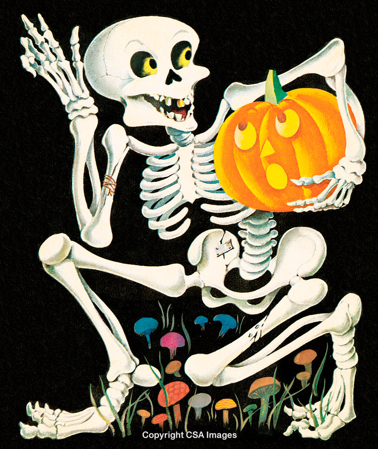Whimsical Halloween Skeleton Holding a Pumpkin Surrounded by Bright Mushrooms