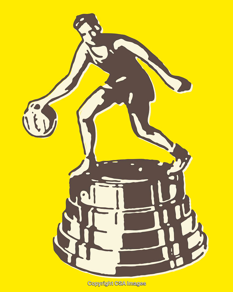 Illustration of Athlete Dribbling Basketball on Trophy Base in Bold Colors