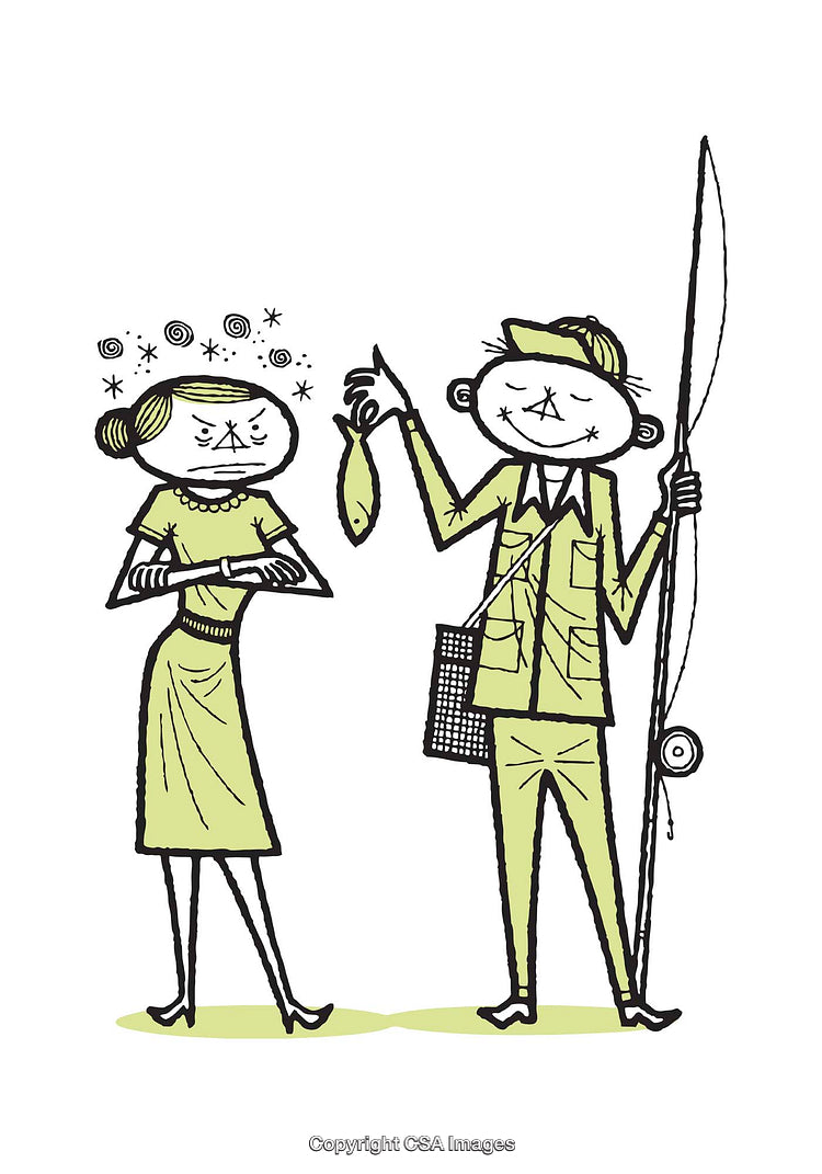 Humorous Illustration of Enraged Woman and Excited Fisherman Holding a Small Fish