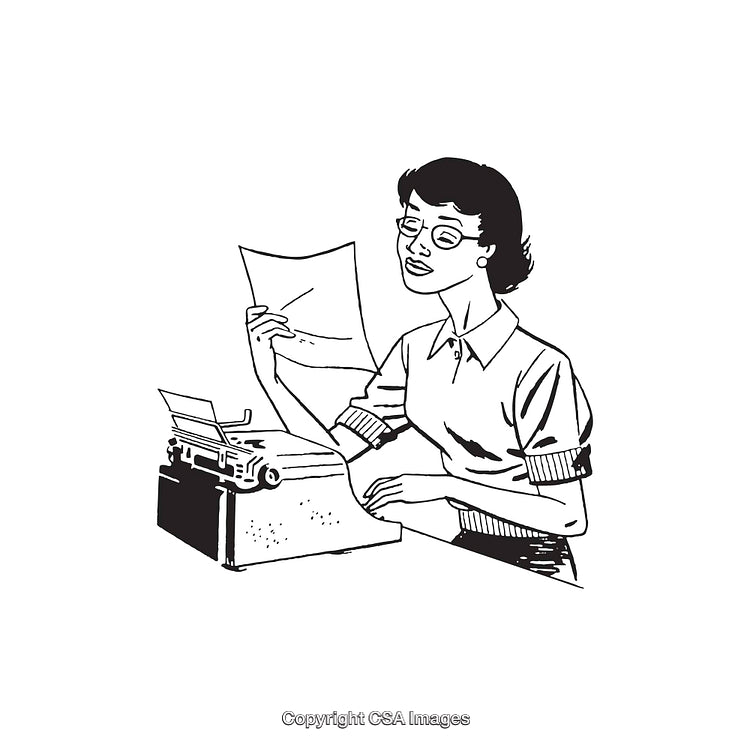 Vintage Illustration of a Woman Using a Typewriter in Retro Style