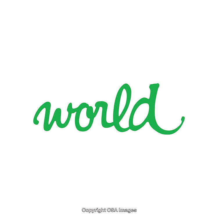 Green Handwritten Script of the Word World on White Background