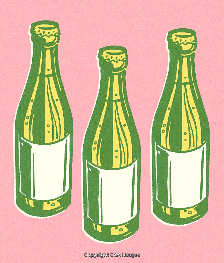 Three Champagne Bottles with Simple Labels on Pink Background in Art Style