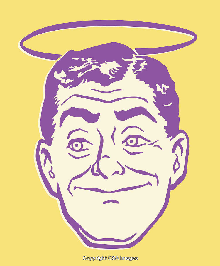 Retro Line Art Illustration of Smiling Face with a Halo