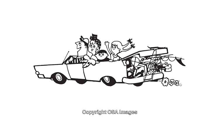Cartoon Family Road Trip in Decorated Car Line Art Illustration