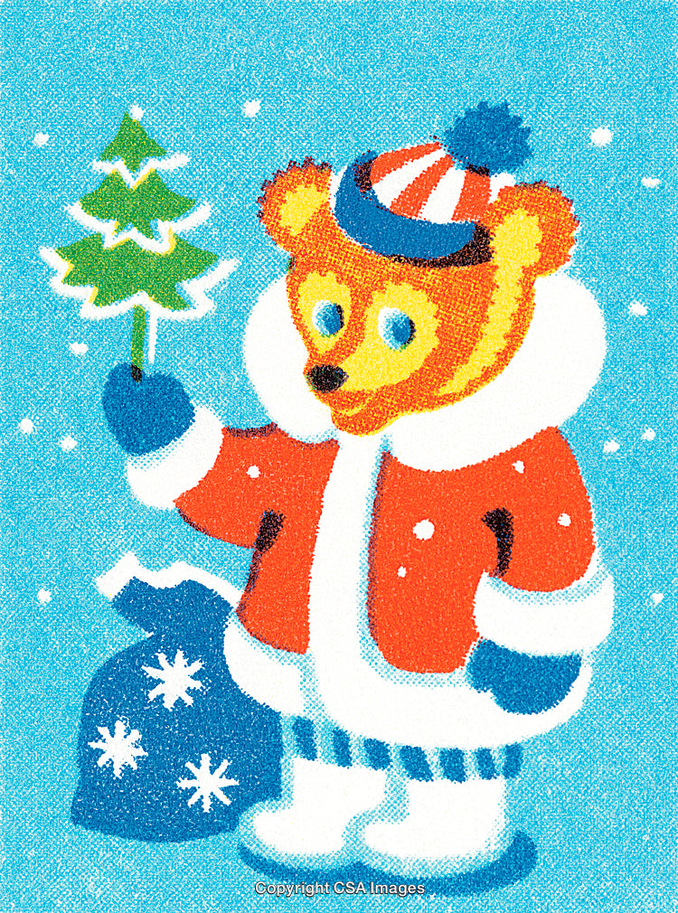 Festive Bear Illustration Holding Christmas Tree in Winter Snow Scene