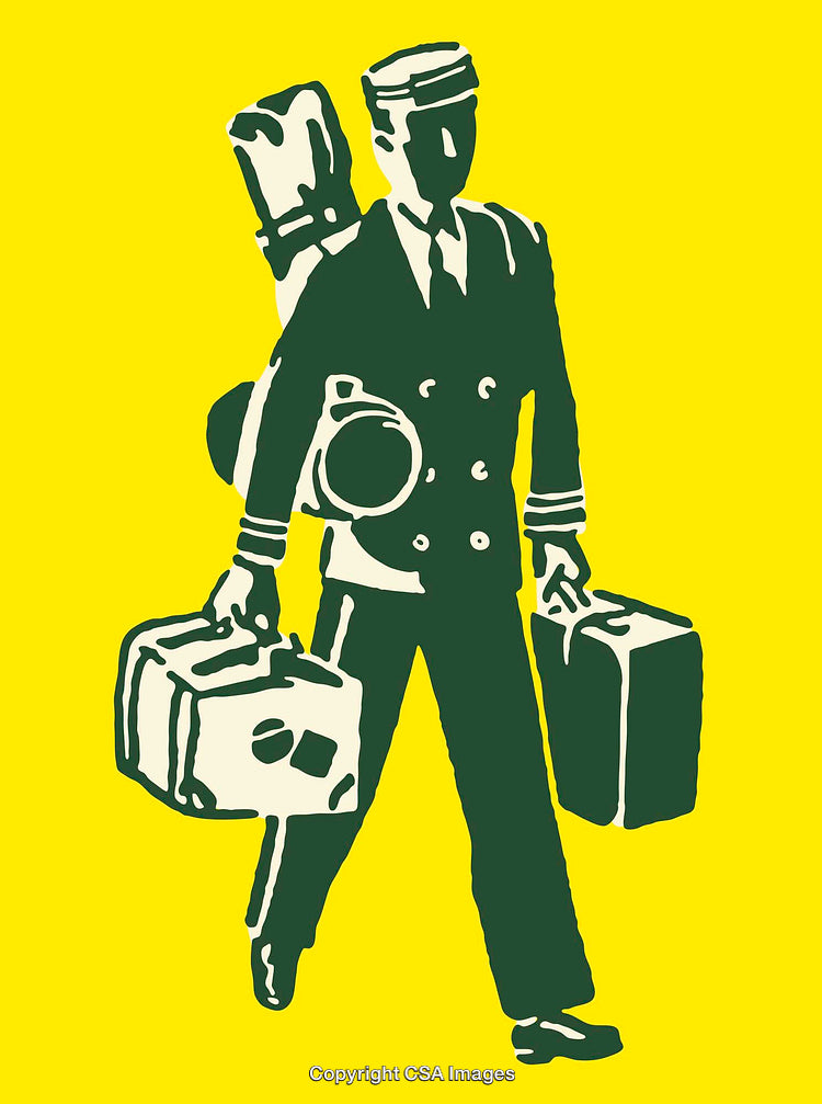 Retro Illustration of Porter Carrying Luggage on Bright Background