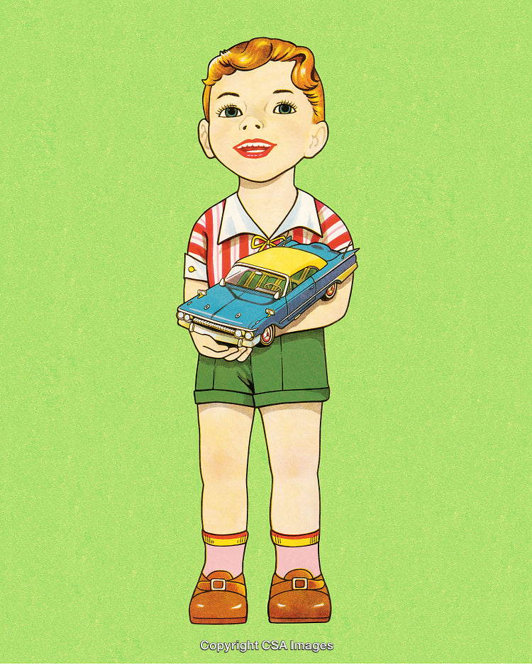 Retro Illustration of a Smiling Boy Holding a Toy Car on Green Background