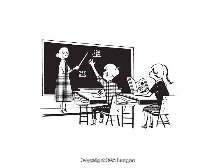 Retro Classroom Scene with Students Answering Teacher on Blackboard