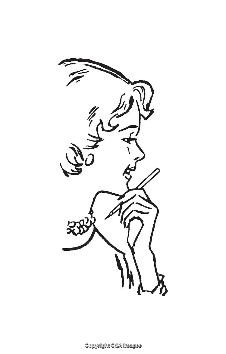 Vintage Black and White Line Art of Woman Holding a Writing Pencil