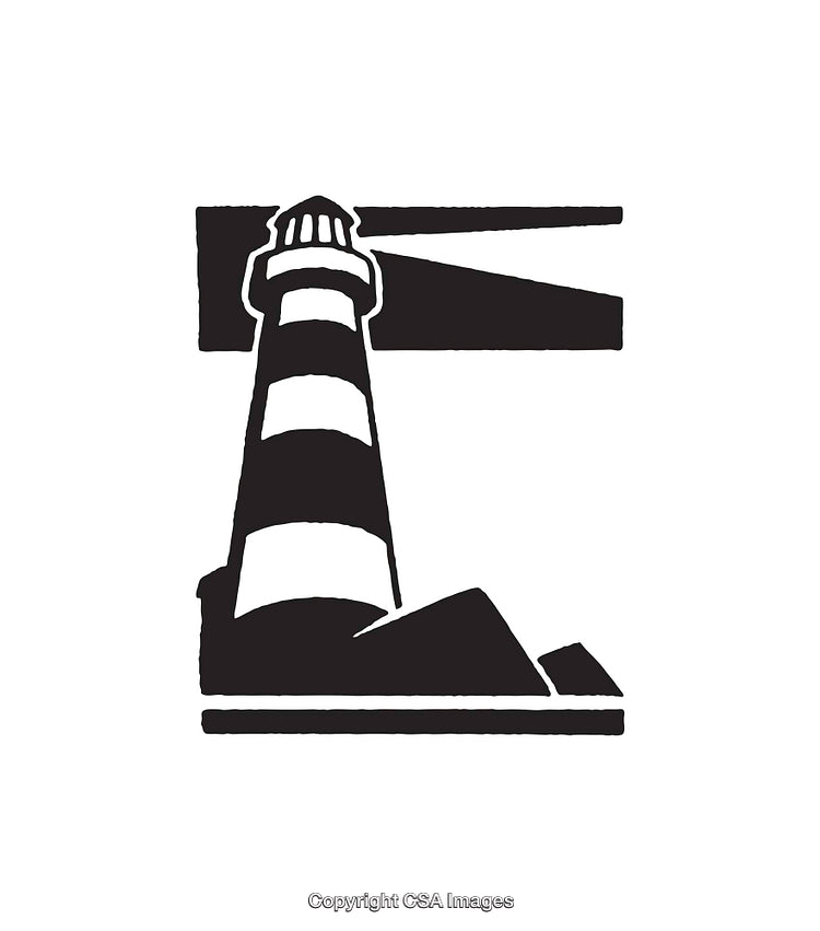 Black and White Line Art of a Lighthouse with Coastal Details