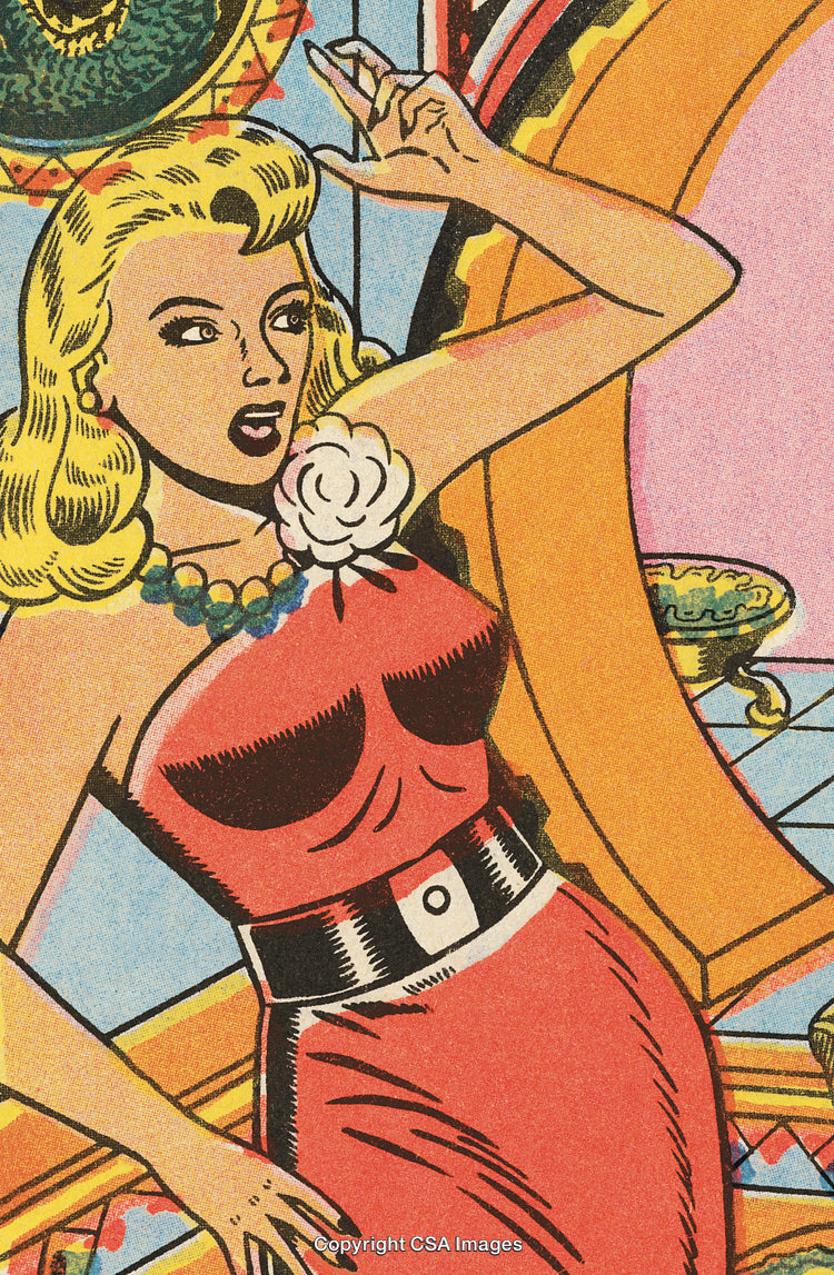 Retro Styled Pop Art Illustration of a Glamorous Woman in Vibrant Dress