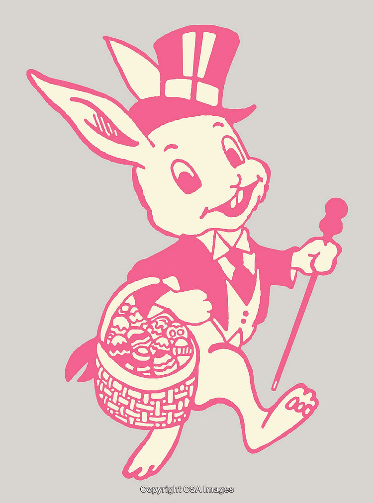 Vintage Styled Easter Bunny with Basket of Eggs in Pink Line Art