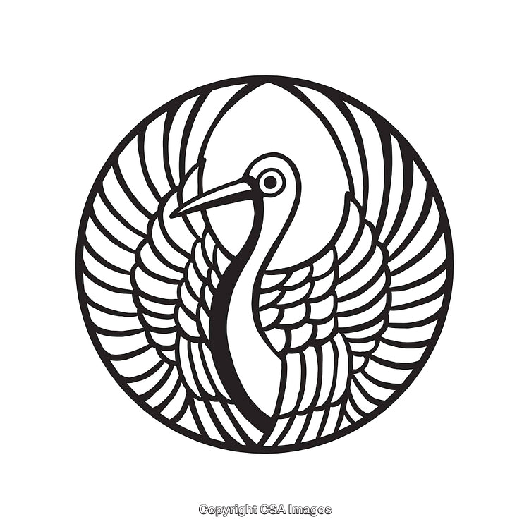 Elegant Black and White Heron Line Art Illustration in Circular Design