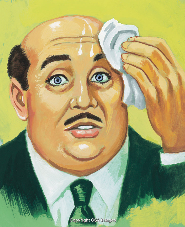 Illustration of Nervous Man with Handkerchief Wiping Sweat from Forehead