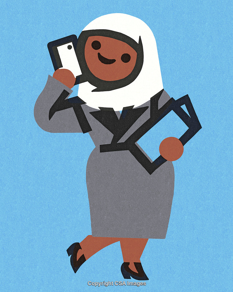 Professional Woman in Hijab Balancing Work with Technology