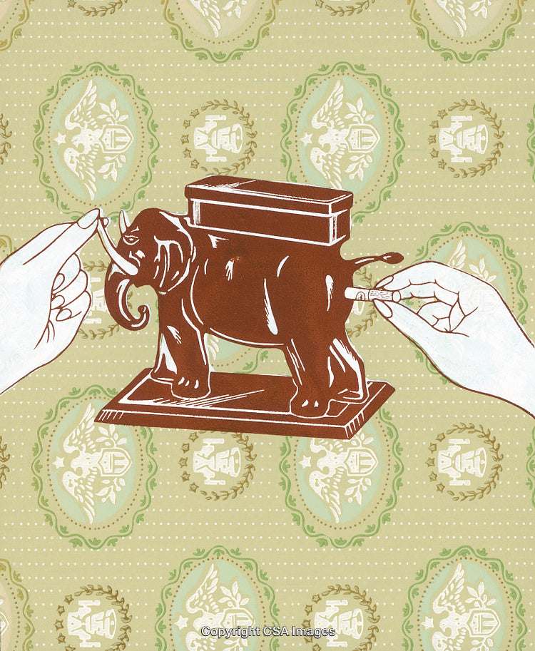 Vintage Elephant Piggy Bank with Antique-Inspired Background and Hands