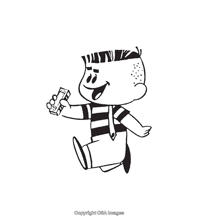 Black and White Cartoon Illustration of a Happy Child with a Treat