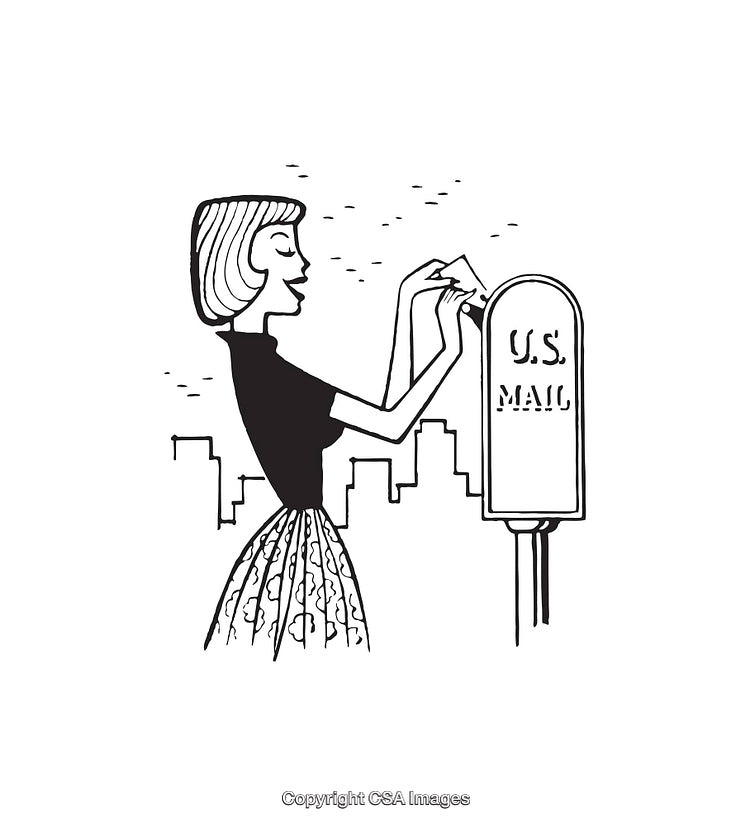 Vintage Line Art of Woman Mailing a Letter in Cityscape