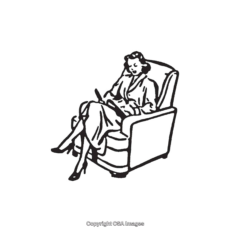 Vintage Line Art Illustration of Woman Sitting in a Comfortable Chair