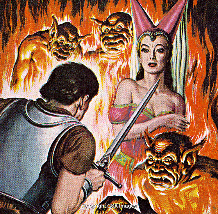 Brave Knight Confronts Demons to Rescue Enchanted Princess Amid Flaming Inferno
