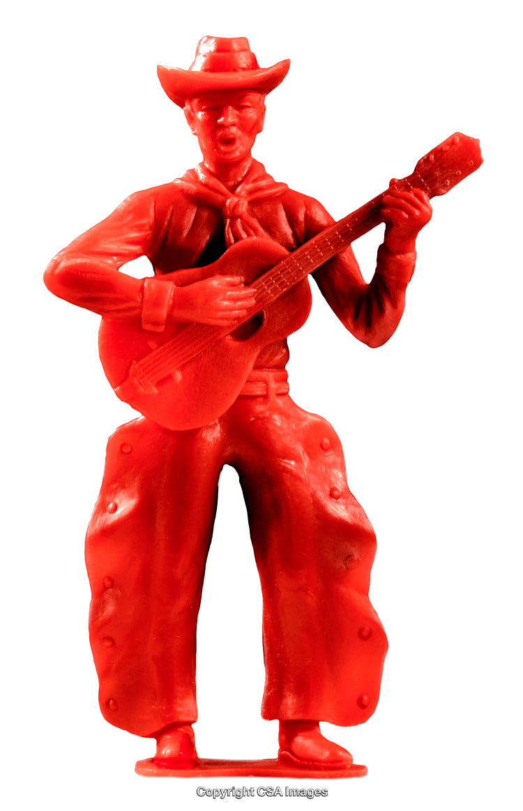 Red Plastic Cowboy Playing Guitar Figurine Facing Forward