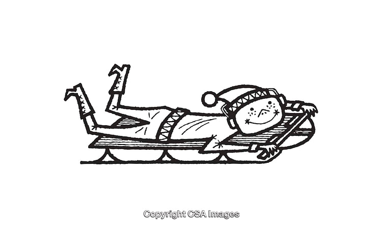 Black And White Illustration of a Child Sledding With a Festive Hat