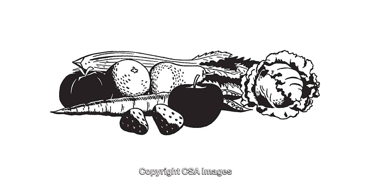 Black and White Line Art of Vegetables and Fruits Variety