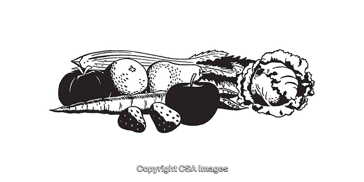 Black and White Line Art of Vegetables and Fruits Variety
