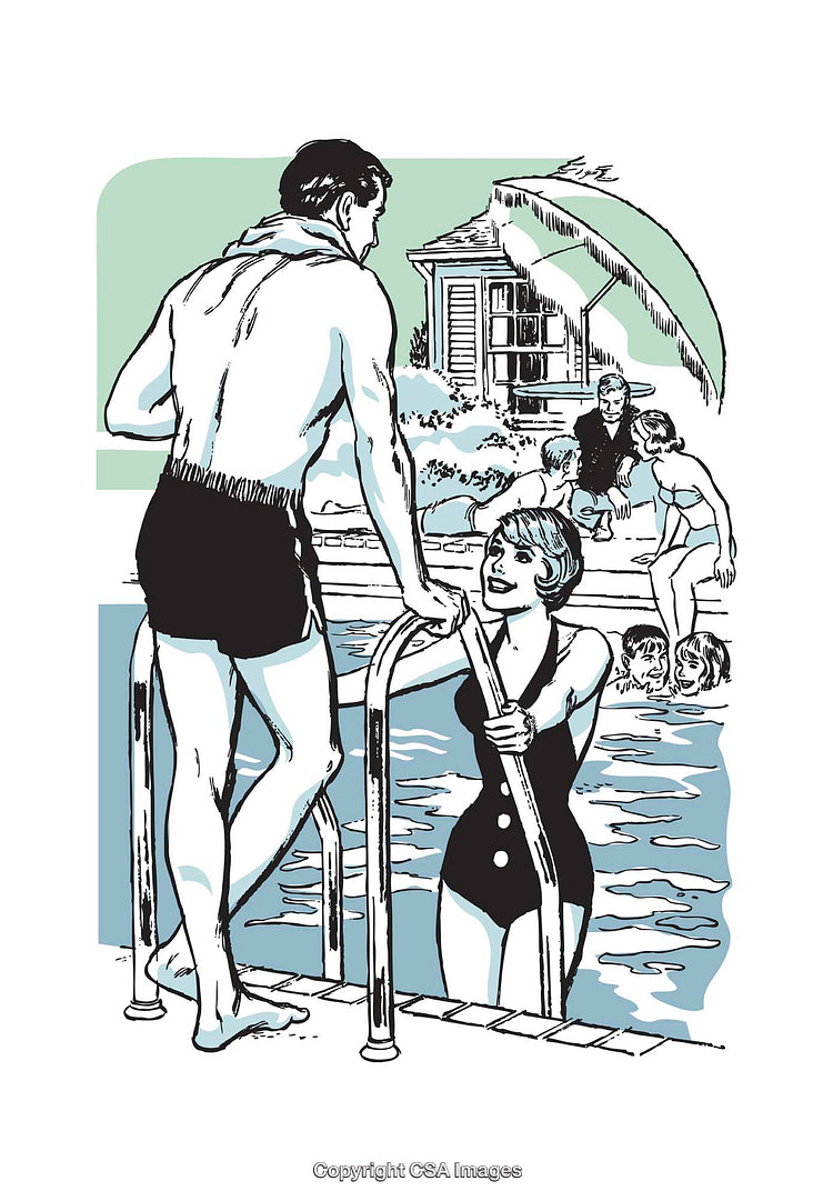 Man and Woman by a Swimming Pool in Retro Artistic Illustration