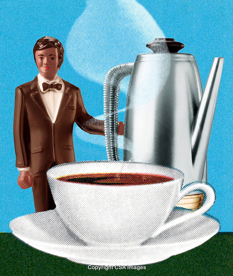 Surreal Composition With Coffee Cup, Pot, and Toy Figure on Blue Background