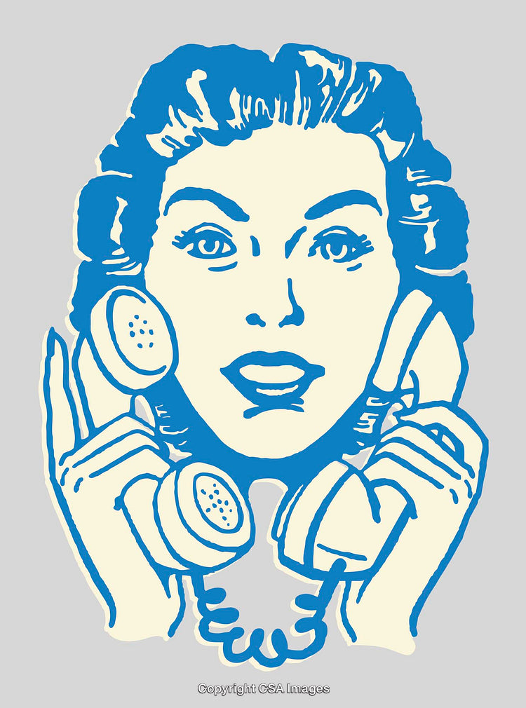 Vintage Line Art of Woman Using Retro Telephone in Blue and Beige