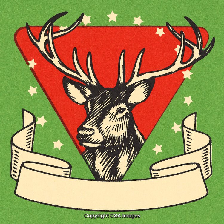 Vintage Reindeer Emblem with Festive Colors and Ribbon Decor