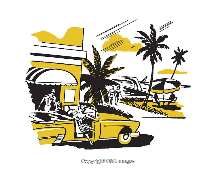 Retro Illustration of Tropical Vacation Scene with Classic Car and Palm Trees