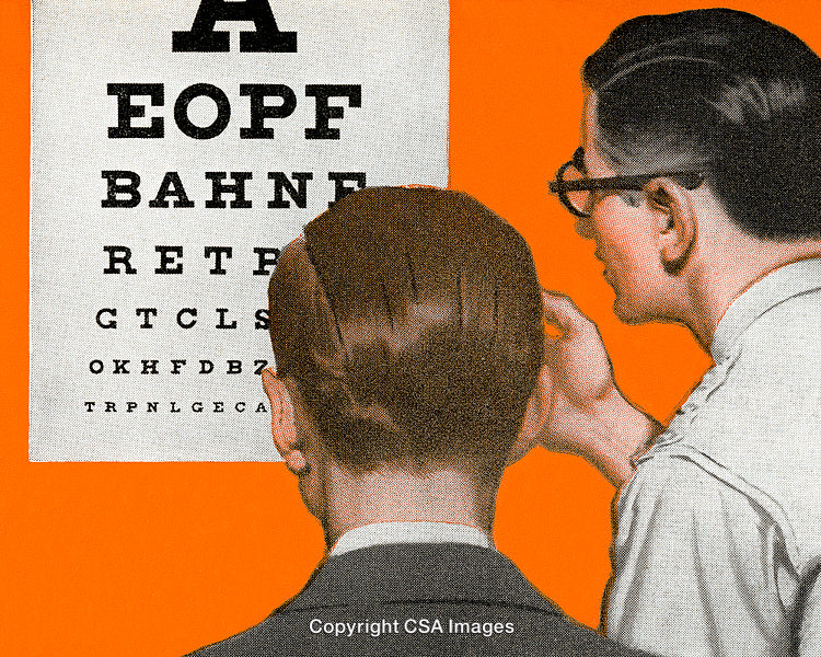 Vintage Eye Examination Scene with Optometrist and Patient on Bold Orange Background
