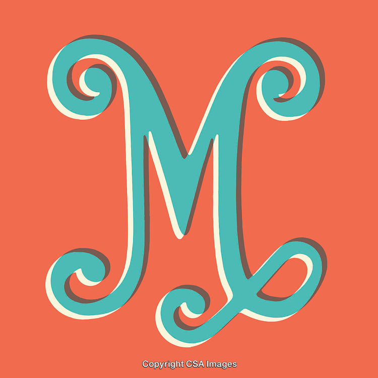 Ornate Letter M on Vibrant Background with Elegant Swirl Design