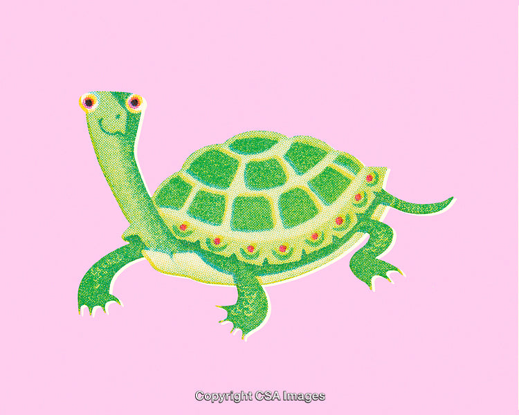Whimsical Retro-Style Illustration of a Happy Green Turtle on Pink Background
