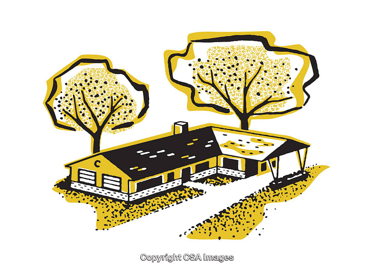 Stylized Illustration of a House with Two Decorative Yellow Trees