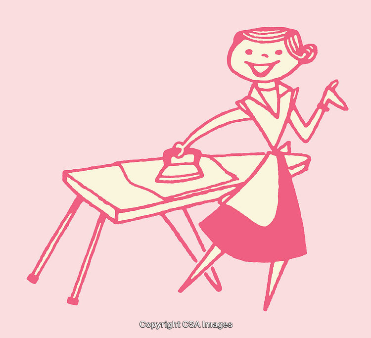 Vintage Line Art Illustration of a Woman Ironing with a Smile