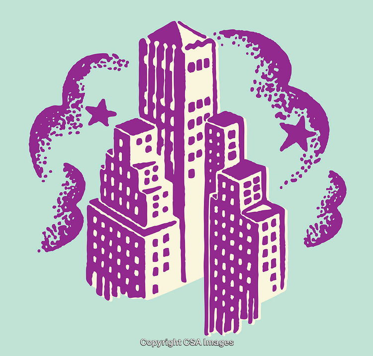 Whimsical Cityscape Illustration with Stars and Bold Colors