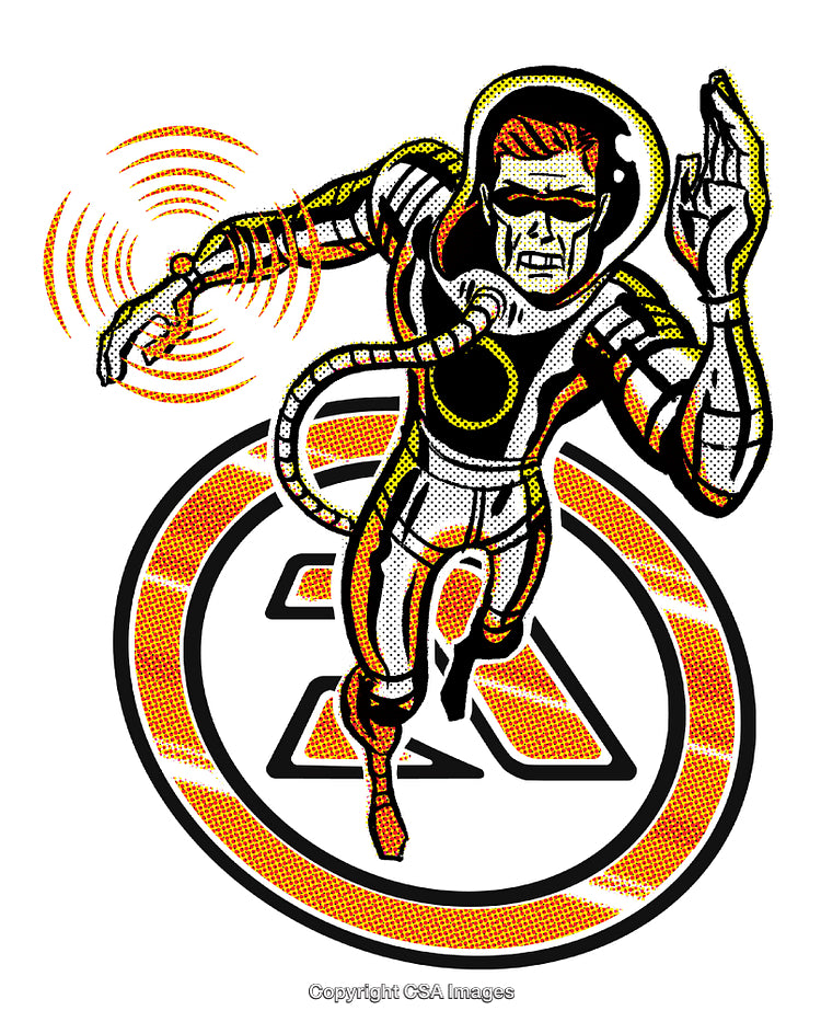 Vintage Comic Style Hero in Space Suit Performing a Dynamic Action Pose